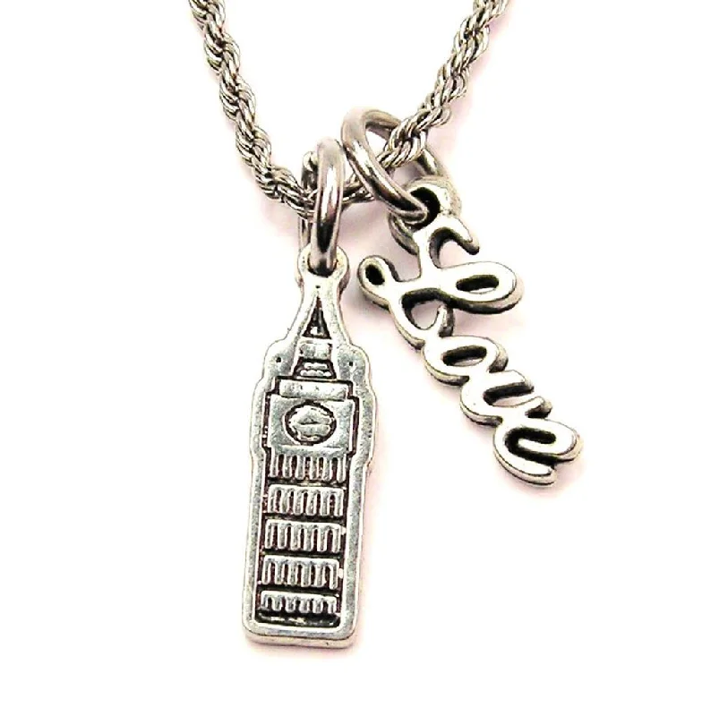 Layered Chain Pendant Necklace-Big Ben 20" Chain Necklace With Cursive Love Accent