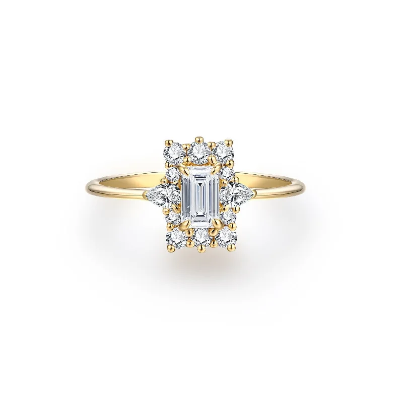 Diamond Ring with Matching Band-Emerald Cut Halo Engagement Ring | Moissanite | 18K Gold