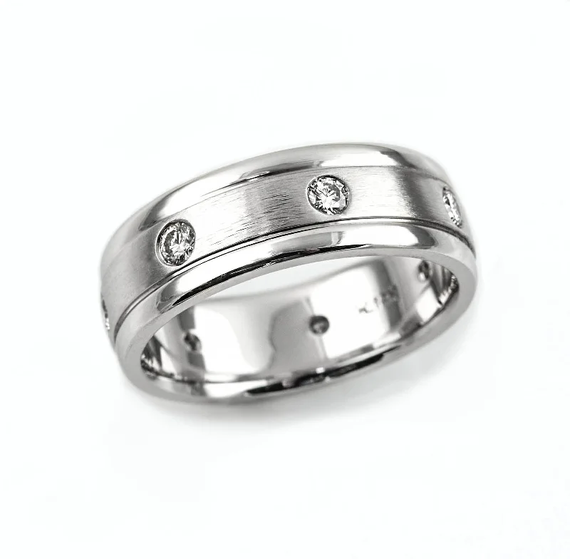 Men's Stainless Steel Ring-Heavy White Gold Band With Diamonds