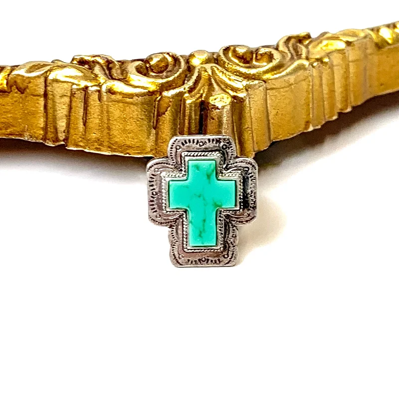 Gold Wedding Ring with Diamonds-Silver Tone Faux Turquoise Cross Stretch Ring