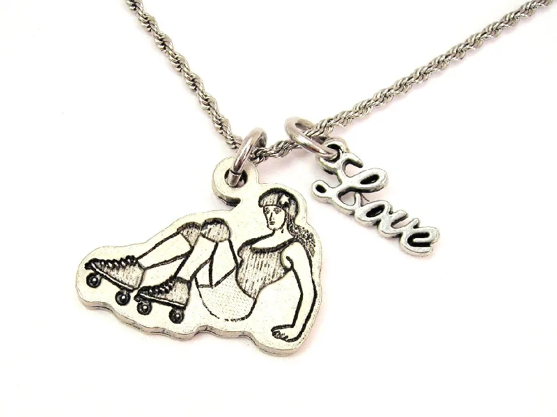 Bar Pendant Necklace-Roller Derby Girl On All Fours 20" Chain Necklace With Cursive Love Accent