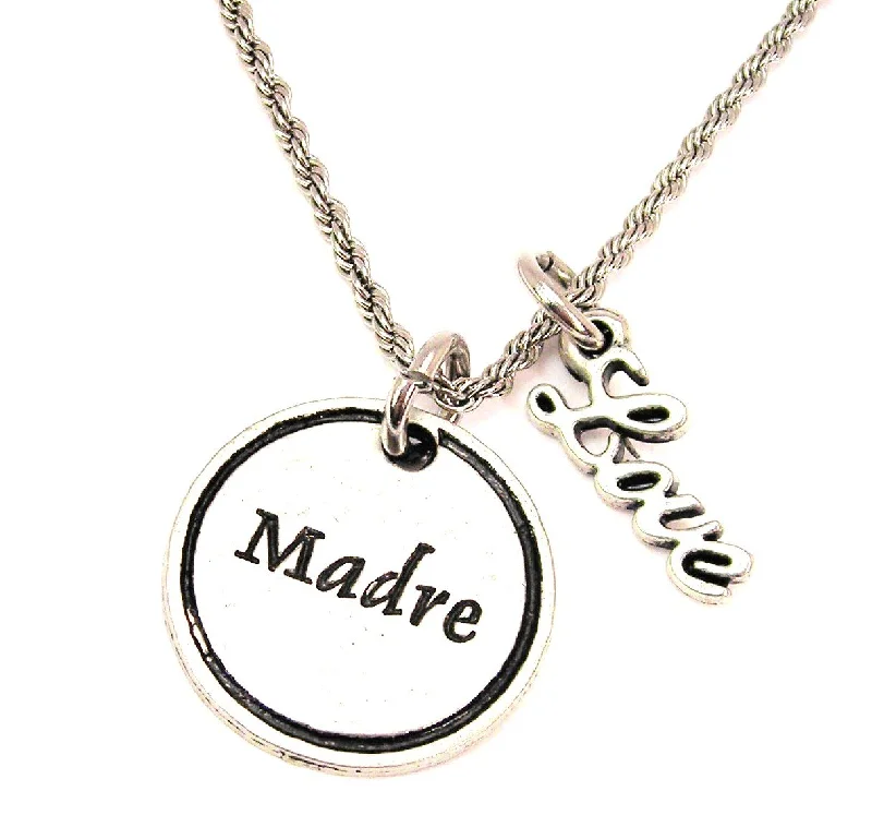 Large Silver Pendant Necklace-Madre Mother 20" Chain Necklace With Cursive Love Accent