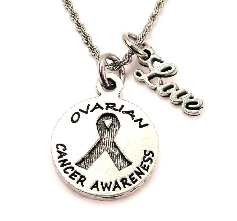 Large Pendant Gold Necklace-Ovarian Cancer Awareness 20" Chain Necklace With Cursive Love Accent