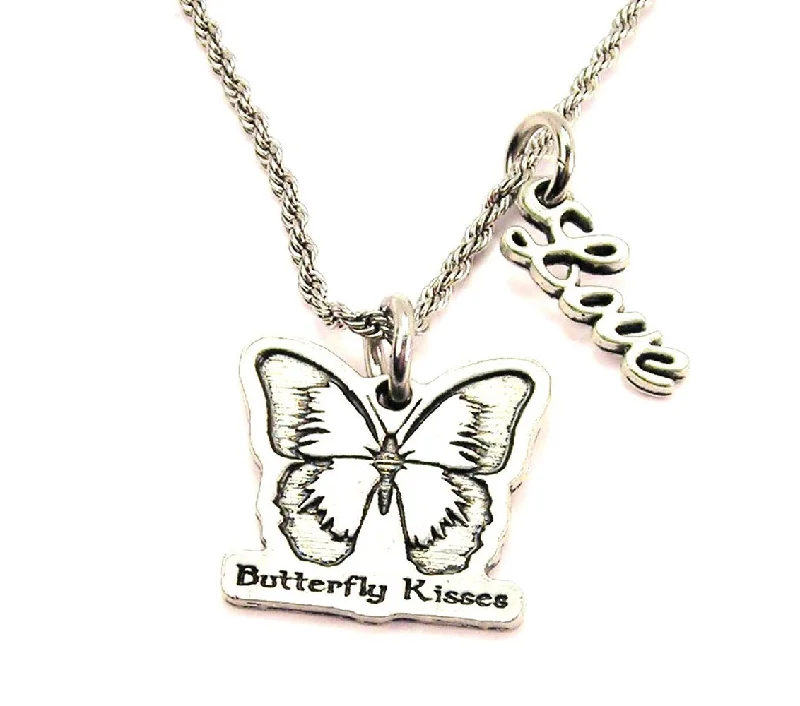 Luxury Silver Necklace-Butterfly Kisses 20" Chain Necklace With Cursive Love Accent