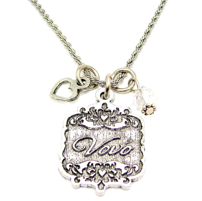 Custom Birthstone Necklace-Vovo Victorian Scroll With With Open Heart And Crystal 20" Stainless Steel Rope Necklace