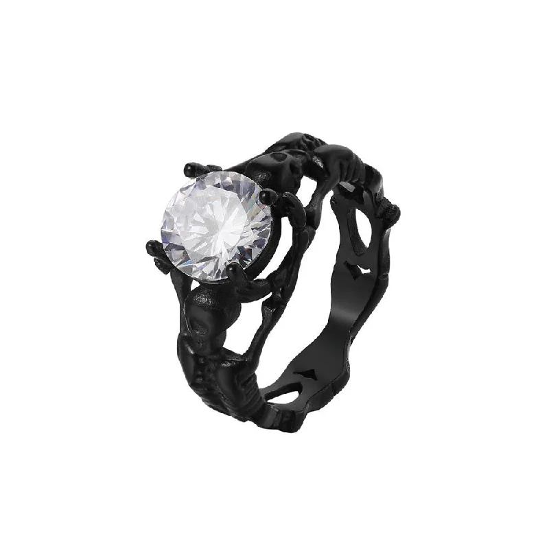 Custom Engraved Ring-Black Skeleton Ring with Clear Gemstone Gothic Jewelry Stainless Steel