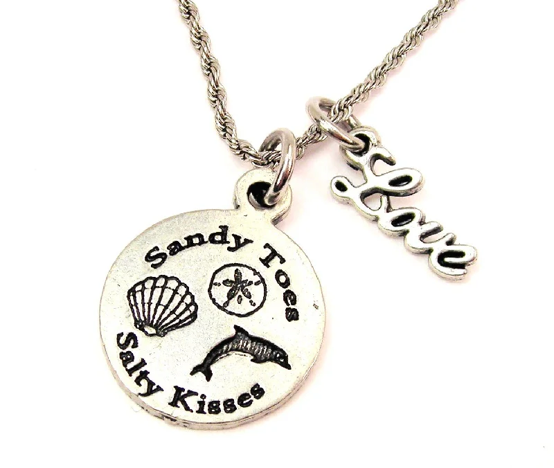 Rose Gold Pendant Necklace-Sandy Toes Salty Kisses 20" Chain Necklace With Cursive Love Accent