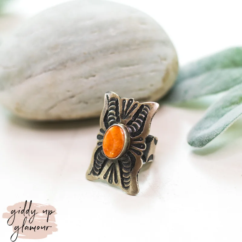 Wedding Ring with Diamonds-Shawn Cayatineto | Navajo Handmade Sterling Silver Ring with Red Orange Spiny Oyster Shell Stone | Size 8