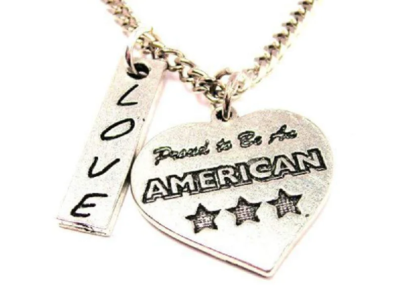 Silver Heart Necklace-Proud To Be An American Heart Love Stick Necklace