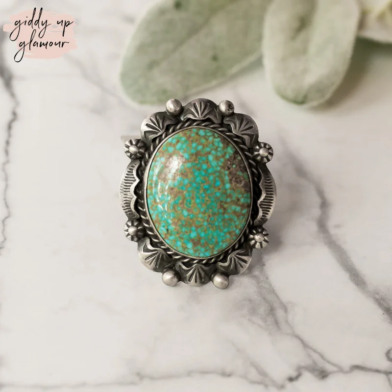 Black Diamond Engagement Ring-Betta Lee | Navajo Handmade Sterling Silver Ring with Large Green Blue Kingman Turquoise Stone | Size 8