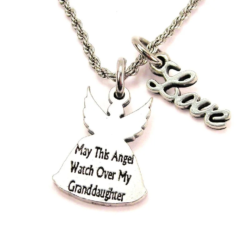 Bohemian Pendant Necklace-May This Angel Watch Over My Granddaughter 20" Chain Necklace With Cursive Love Accent