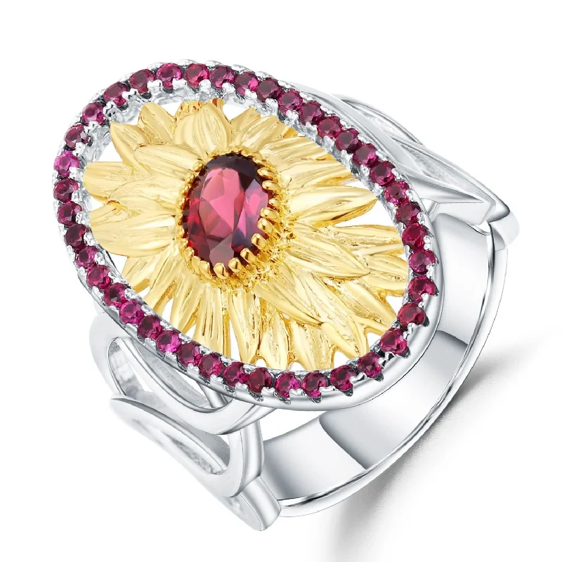 Silver Ring for Men-Lab Simulated Rhodolite Garnet Ruby Halo Sunflower Retro Ring in S925 Sterling Silver