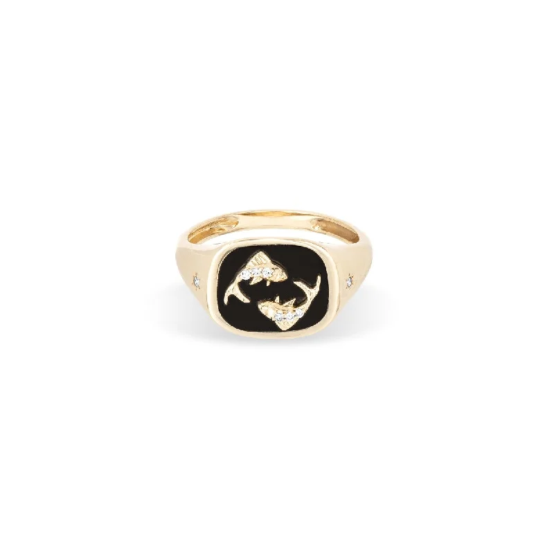 Black Diamond Engagement Ring-Zodiac Ceramic + Diamond Pisces Signet Ring