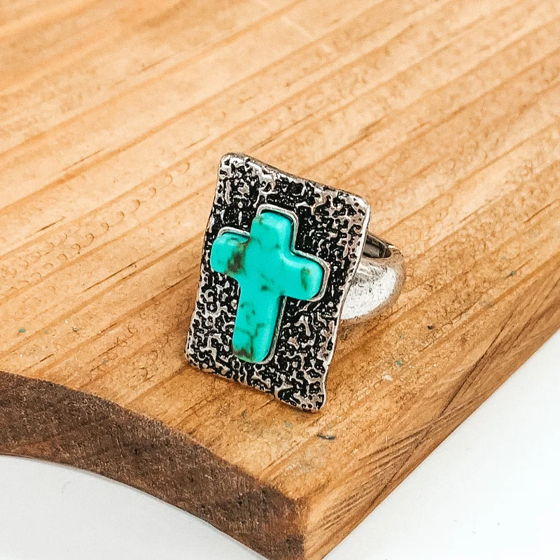 Simple Diamond Band-Rectangle Pendant with Cross Stone Silver Tone Stretch Ring in Turquoise