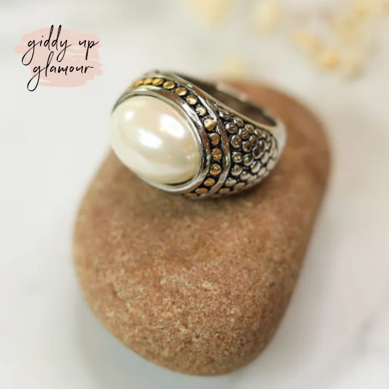 Custom Engraved Ring-Two Toned Dome Fashion Ring with Cream Pearl Stone