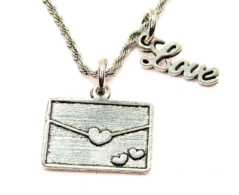 Natural Stone Necklace-Envelope With Hearts 20" Chain Necklace With Cursive Love Accent