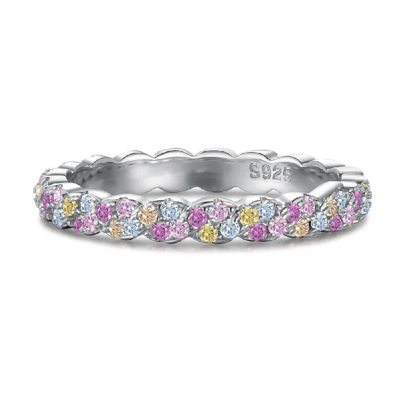 Large Amethyst Ring-Sterling Silver Multicolor CZ Eternity Ring - Rainbow Round Cut Gemstones