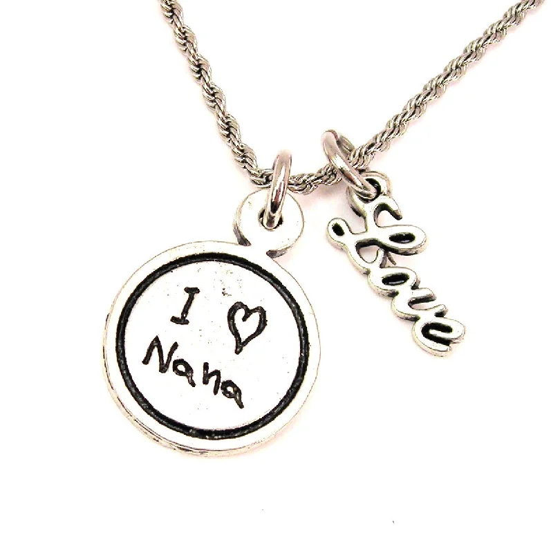 Silver Chain Necklace with Pendant-I Love Nana Child Handwriting 20" Chain Necklace With Cursive Love Accent