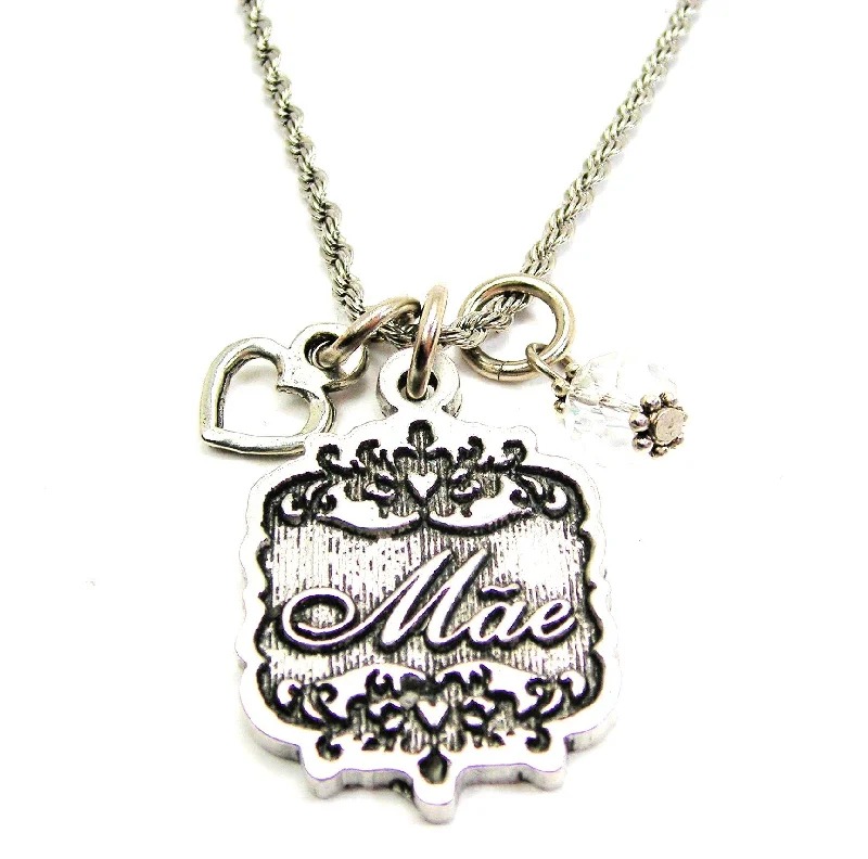 Engraved Name Necklace-Mae Victorian Scroll With With Open Heart And Crystal 20" Stainless Steel Rope Necklace