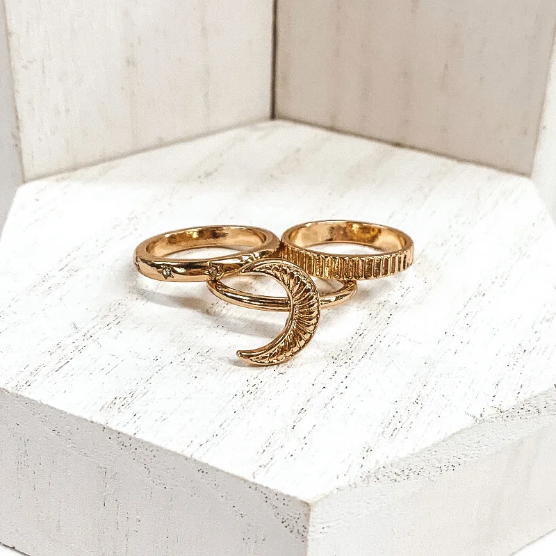 Rose Gold Promise Ring-Set of 3 | Moon Charm Ring Set in Gold Tone