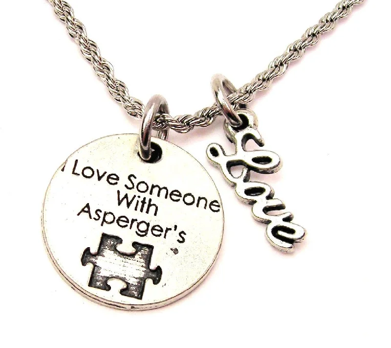 Gold Coin Necklace-I Love Someone With Asperger's 20" Chain Necklace With Cursive Love Accent