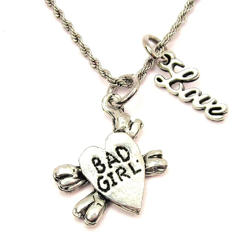 Sterling Silver Necklace-Bad Girl Skull And Crossbones 20" Chain Necklace With Cursive Love Accent