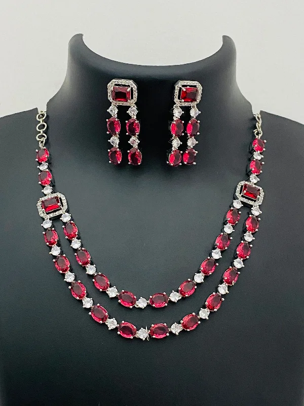 Colorful Crystal Necklace-Gorgeous Ruby Stoned American Diamond Necklace With Earrings