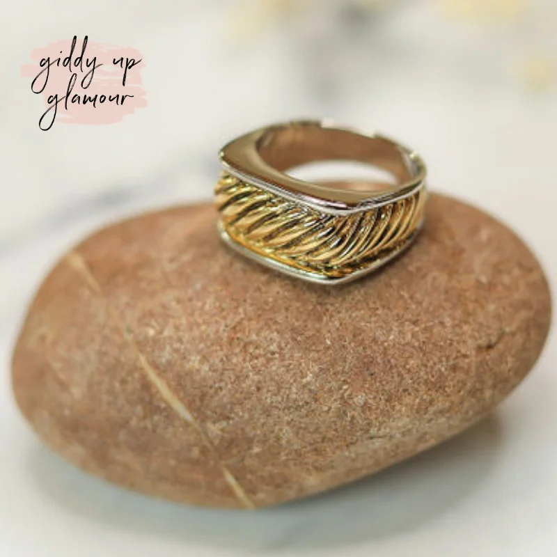 Wedding Ring Set with Diamonds-Two Toned Square Rope Band Ring