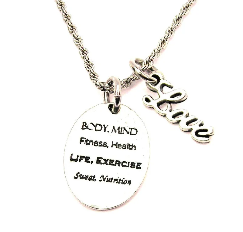 Vintage Pearl Necklace-Body Mind Fitness Health Life Exercise Sweat Nutrition 20" Chain Necklace With Cursive Love Accent