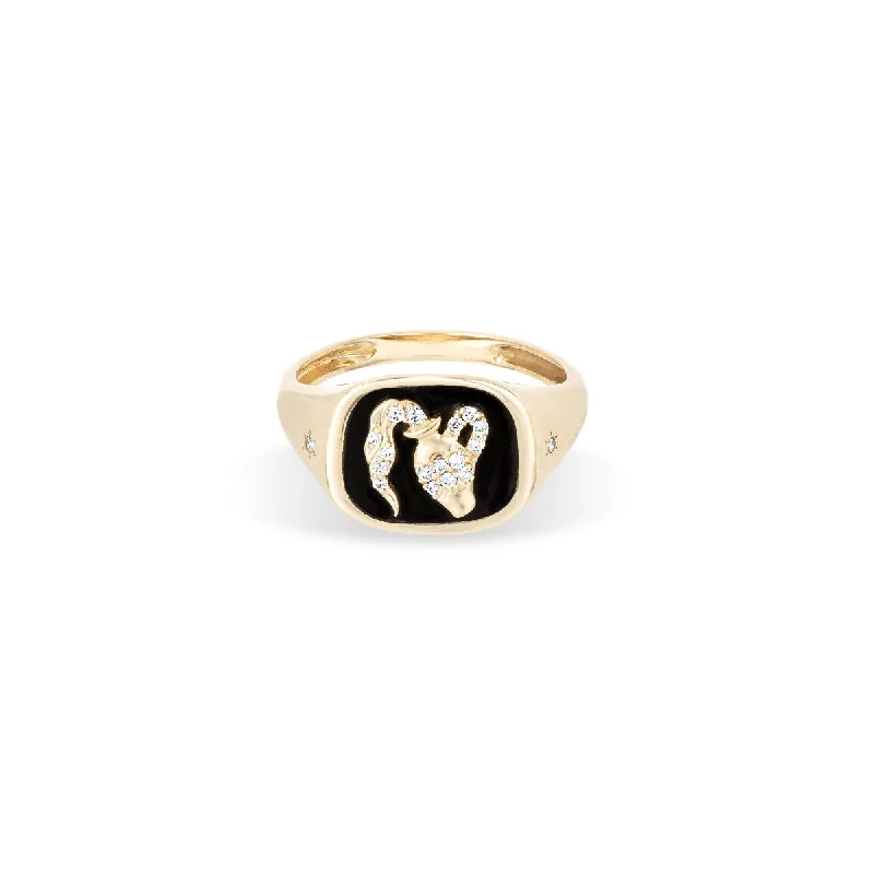 Gold Ring with Amethyst-Zodiac Ceramic + Diamond Aquarius Signet Ring