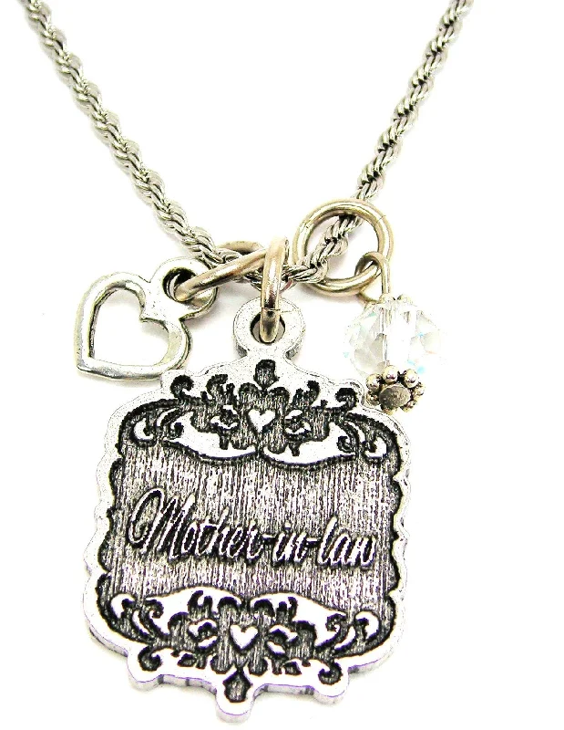 Gold Choker Necklace-Mother-In-Law Victorian Scroll With Open Heart And Crystal 20" Stainless Steel Rope Necklace