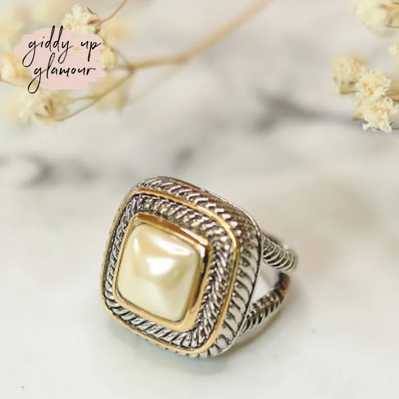 Handmade Gold Ring-Large Two Toned Ring with Cream Pearl Stone