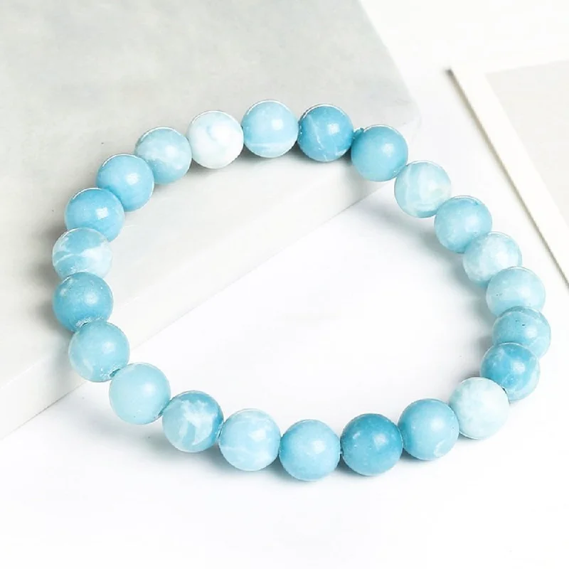 Thin Gold Bracelet for Women-Oceanic Blue Larimar Bead Bracelet