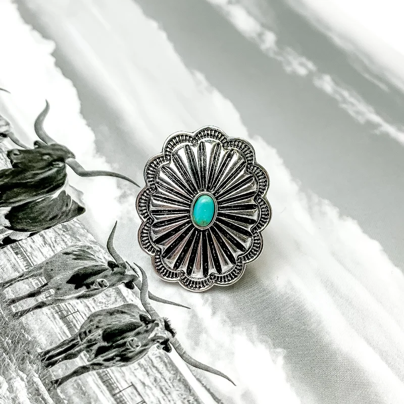 Two-Tone Wedding Ring-Silver Tone Oval Concho Cuff Ring with Center Faux Stone in Turquoise