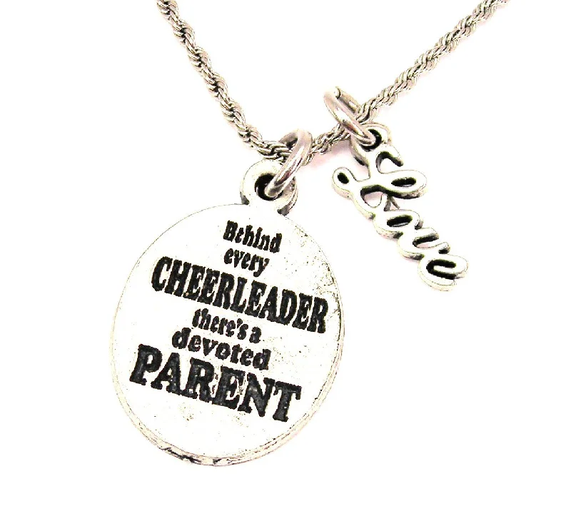 Custom Family Tree Necklace-Behind Every Cheerleader Is A Devoted Parent 20" Chain Necklace With Cursive Love Accent