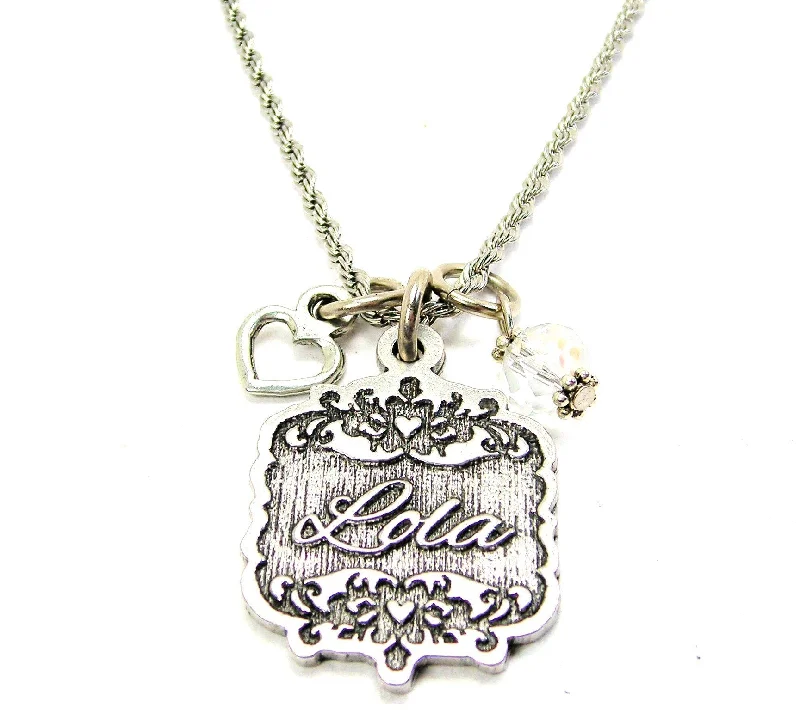 Heart Shaped Necklace-Lola Victorian Scroll With Open Heart And Crystal 20" Stainless Steel Rope Necklace