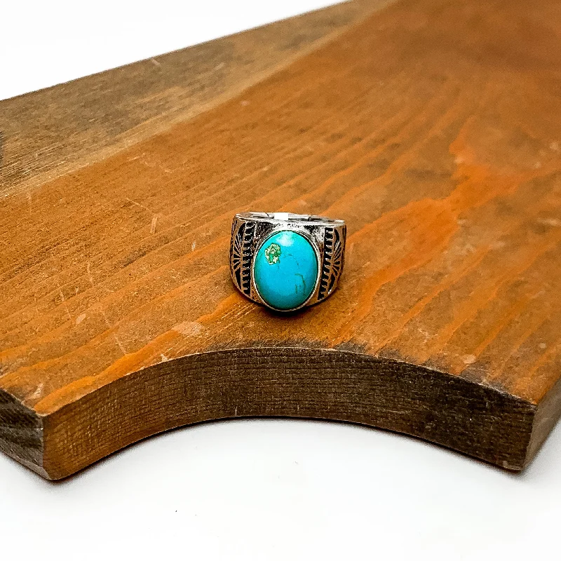 Handmade Engagement Ring-Faux Oval Turquoise Stone Stretchy Ring With Silver Tone Design