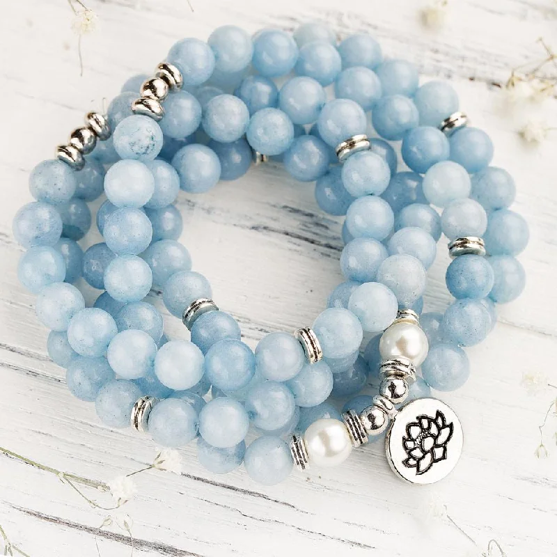 Silver and Crystal Bracelet-108 Amazonite Mala Beads