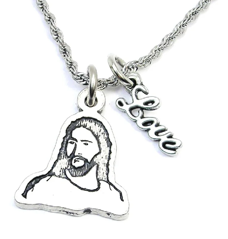 Large Silver Pendant Necklace-Side Look Jesus Portrait 20" Rope Necklace With Love