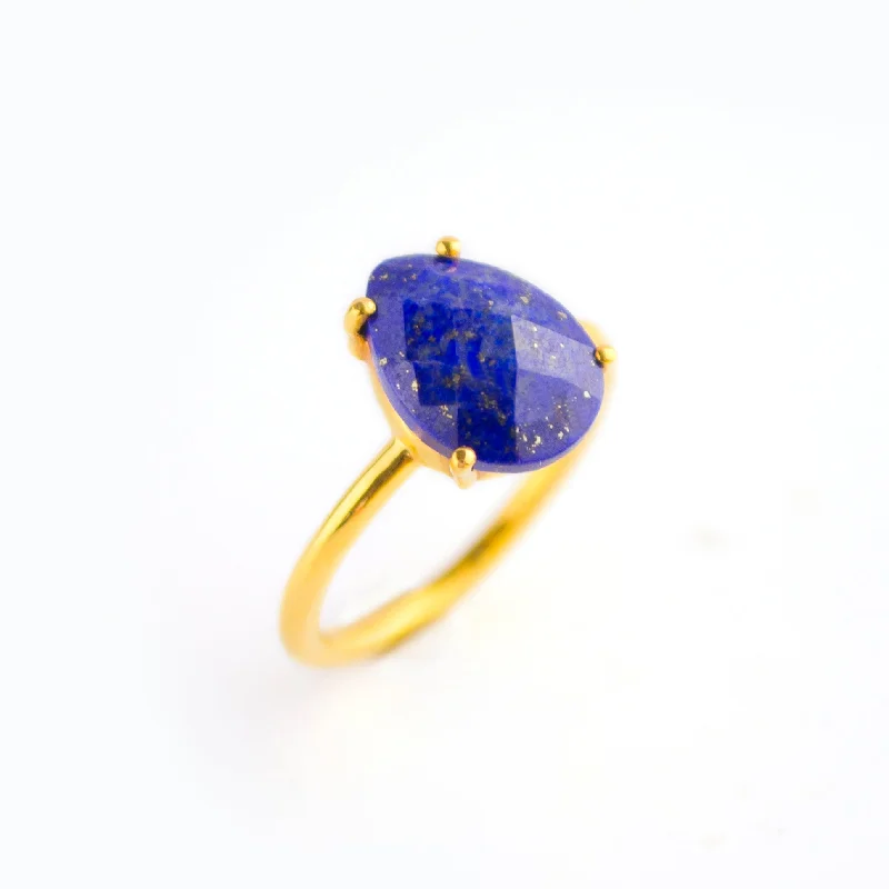 Unique Wedding Band Set-Lapis Lazuli Teardrop Prong Set Ring • September Birthstone