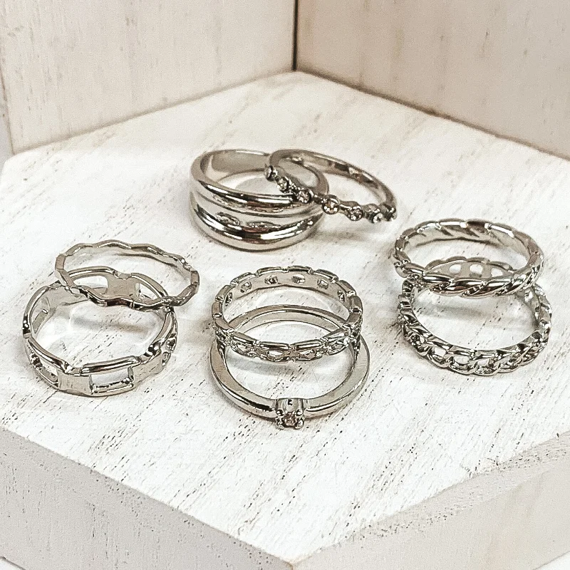 Unique Sterling Silver Ring-Set of 8 | Classic Chain and Crystal Ring Set in Silver Tone