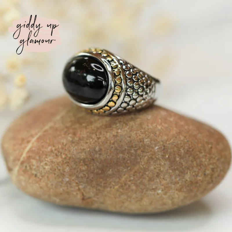 Engagement Ring with Blue Sapphire-Two Toned Dome Fashion Ring with Faux Black Stone