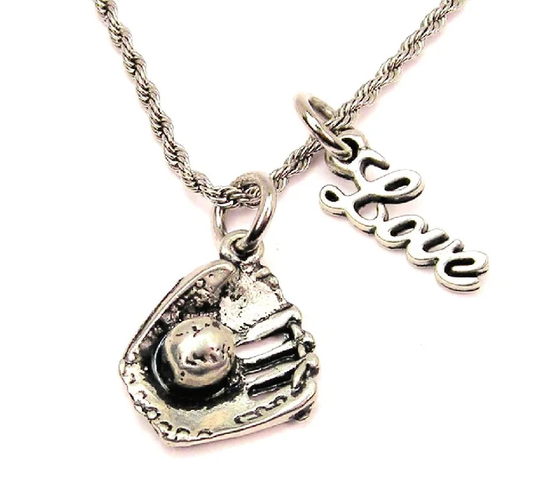 Engraved Name Necklace-Baseball Mitt 20" Chain Necklace With Cursive Love Accent