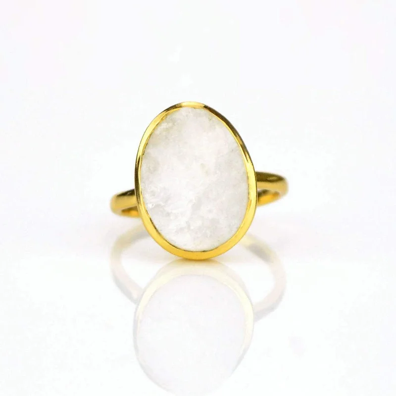 Bold Silver Band Ring-Rough Cut Rainbow Moonstone Ring