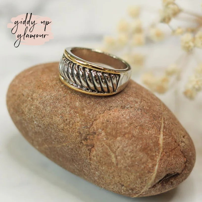 Simple Silver Ring for Women-Two Toned Round Rope Band Ring