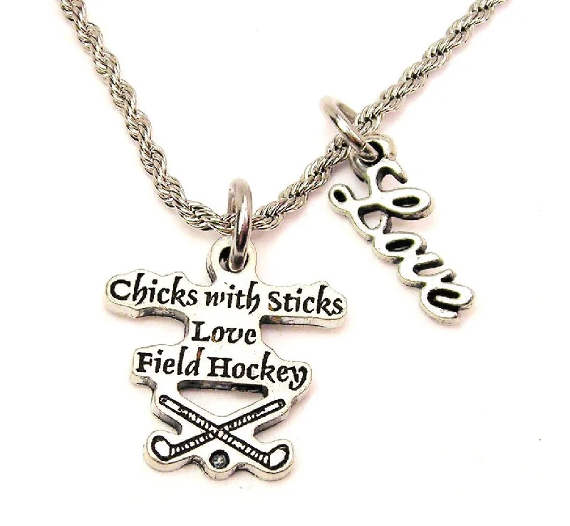 Adjustable Pearl Necklace-Chicks With Sticks Love Field Hockey 20" Chain Necklace With Cursive Love Accent