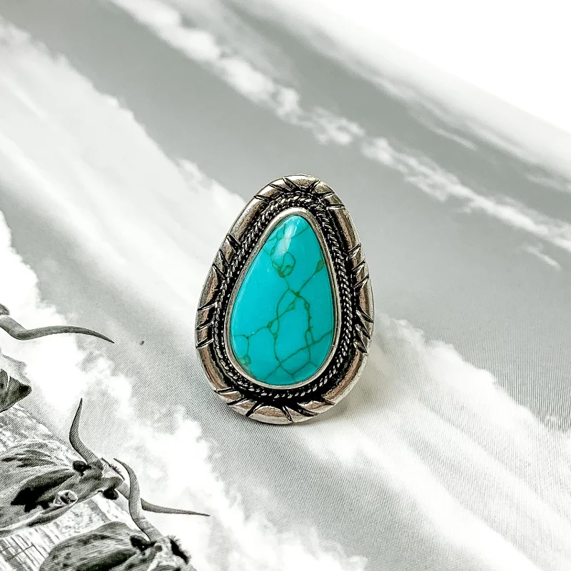 Simple Solitaire Engagement Ring-Silver Tone Teardrop Cuff Ring with Center Faux Stone in Turquoise