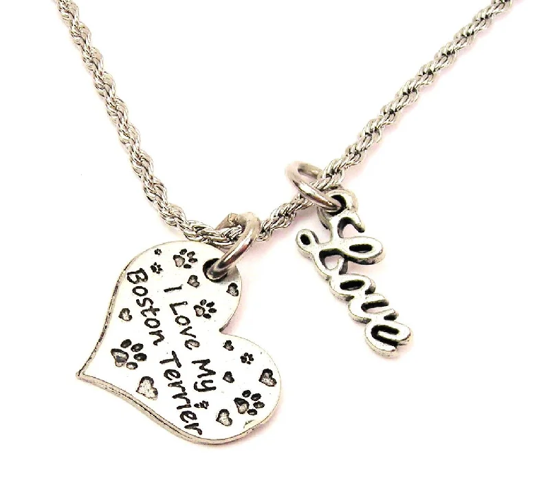 Silver Cross Necklace-I Love My Boston Terrier 20" Chain Necklace With Cursive Love Accent