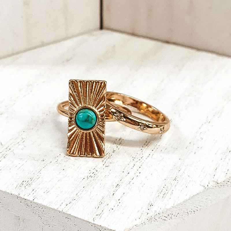 Silver Solitaire Ring-Set of 2 | Rectangle Shaped Sunburst Gold Tone Ring Set with Center Stone in Turquoise