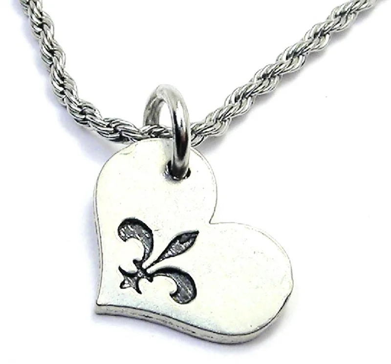 Large Stone Necklace-Fleur De Lis Center Heart Single Charm Necklace